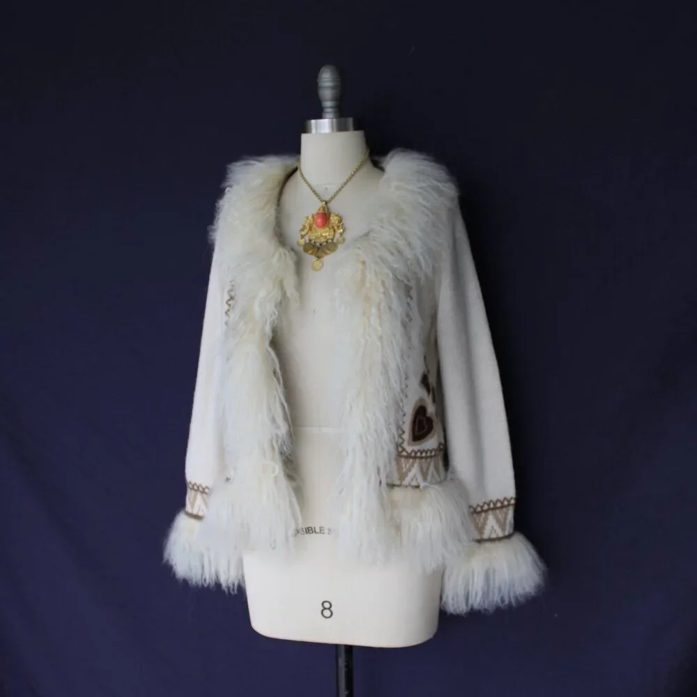 vintage Mongolian Curley lamb wool cardigan cowichan sweater jacket aplique M - Picture 7 of 12